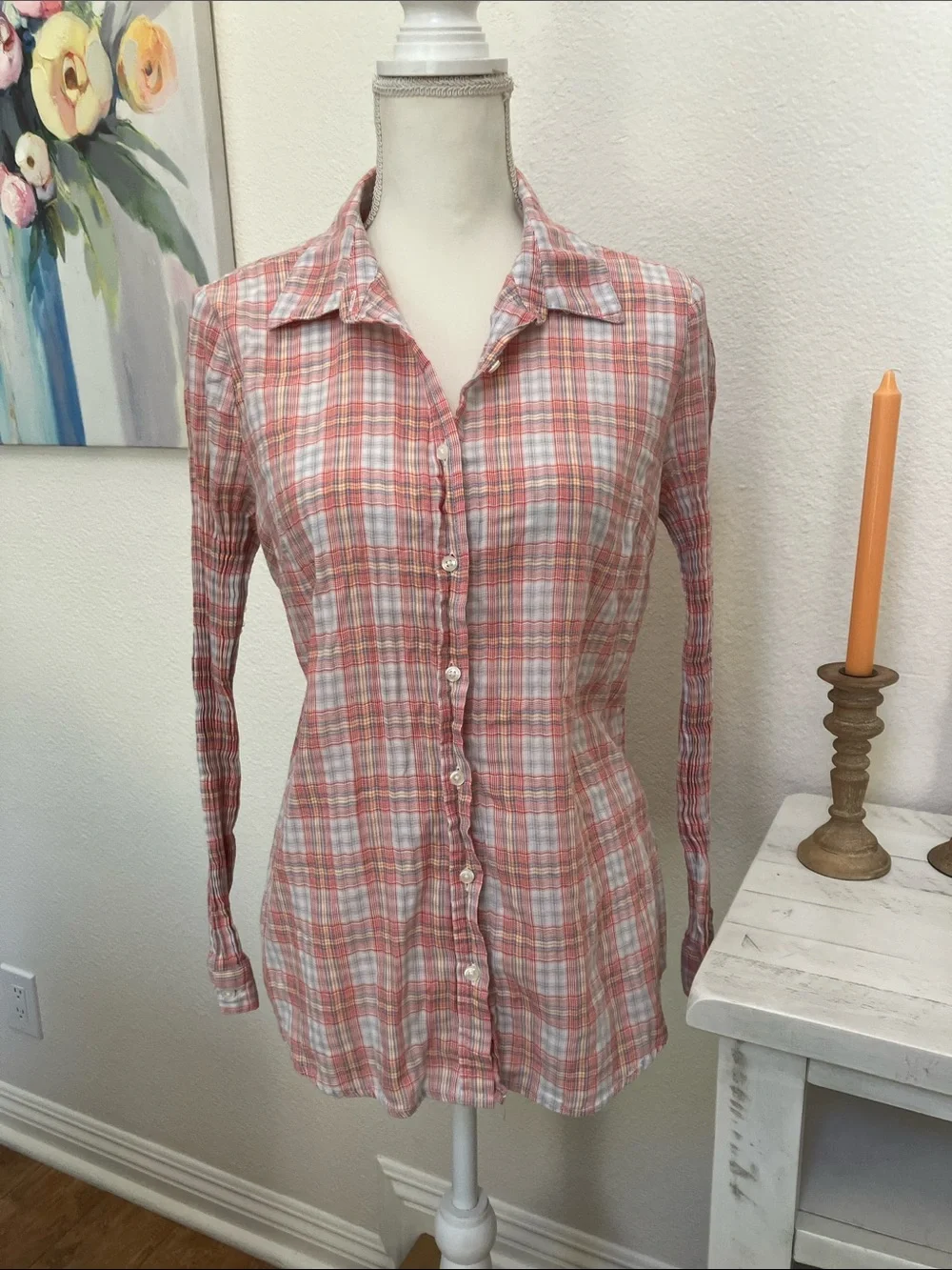 Y2k Liz Claiborne Women’s Coral and White Plaid Button-Down Shirt
